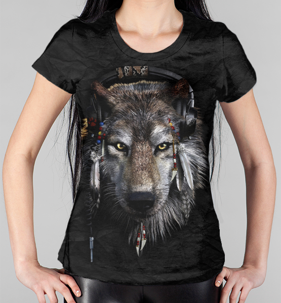 Женская 3D футболка "Волк в наушниках"